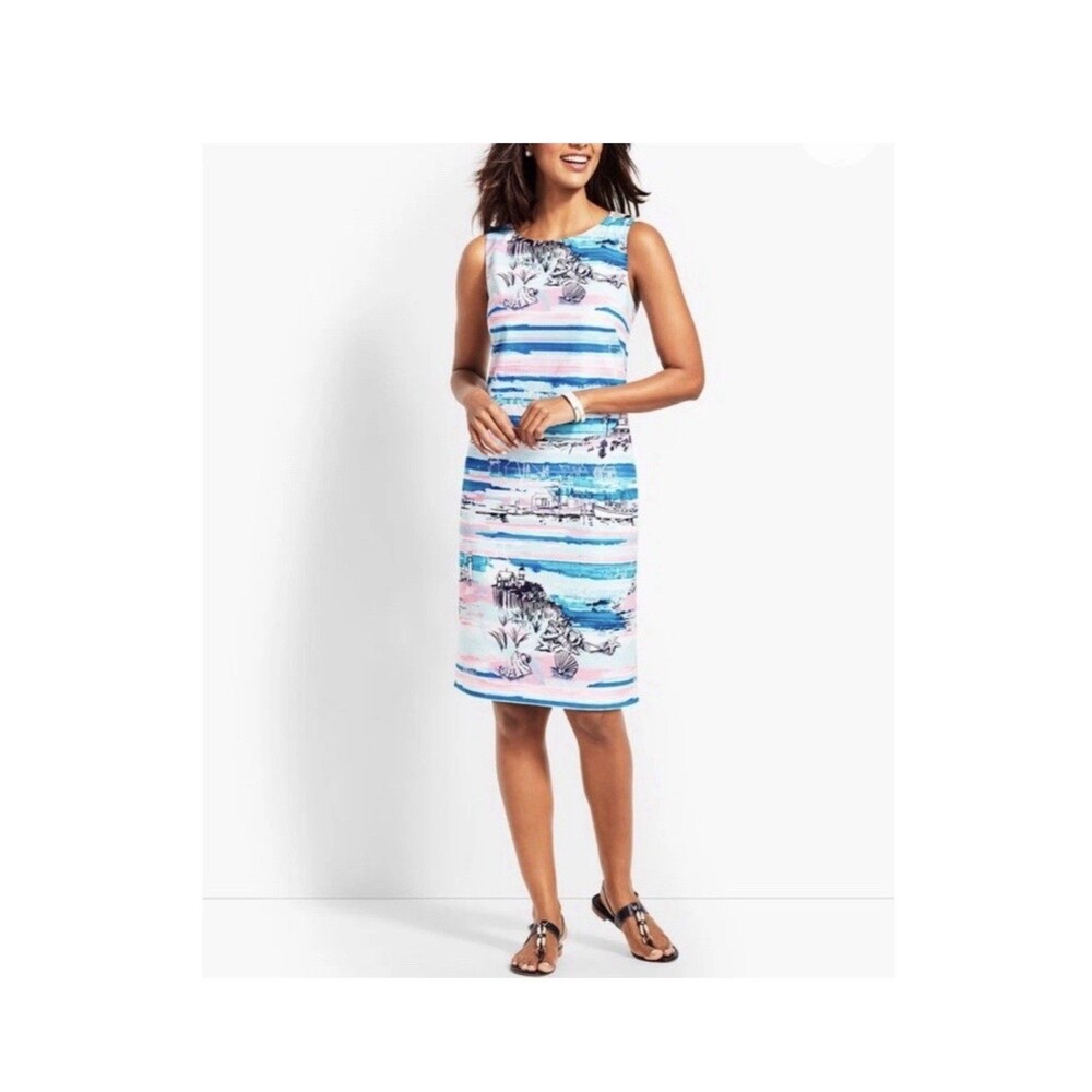 Talbots Summer Sheath Dress Beach Nautical Shells Light House 100% Cotton Sz L